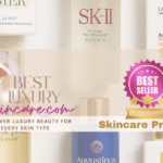 Flatlay of Best Luxury Skincare products, including anti-aging serum and hydrating cream, on a marble surface. Clean, cruelty-free, high-performance skincare for radiant skin.