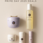 Tatcha skincare products including Dewy Skin Cream, Camellia Cleansing Oil, and Liquid Silk Canvas displayed with “Prime Day 2025 Deals"
