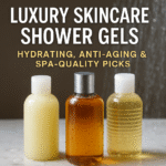 Three luxury skincare shower gels on a wet marble surface with water droplets, promoting hydrating, anti-aging, and spa-quality body washes for 2025.