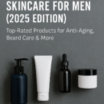 Flat lay of luxury men's skincare products including serum, moisturizer, and beard care items on a gray background with overlay text: “Skincare for Men (2025 Edition) – Top-Rated Products for Anti-Aging, Beard Care & More”