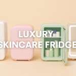 Digital image showing four luxury skincare fridges with LED lighting and mirrored doors, featuring overlay text: "Best Luxury Skincare Fridges 2025 – Keep Your Serums Cool & Potent"