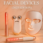Luxury anti-aging facial devices including microcurrent, LED mask, and red light therapy tools displayed on marble background, labeled "Top Anti-Aging Facial Devices (2025 Edition)"