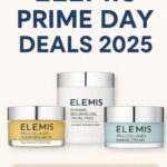 Promotional banner showcasing top Elemis skincare products on sale for Amazon Prime Day 2025, including Pro-Collagen Cleansing Balm, Marine Cream, and Resurfacing Pads.