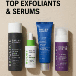 Flat lay of Paula’s Choice skincare exfoliants and serums on a clean neutral background