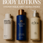 Three luxury body lotions displayed on a beige marble surface with water droplets, promoting hydrating and anti-aging skincare products for 2025.