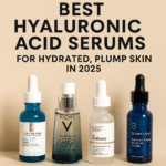 Flat lay of luxury hyaluronic acid serums on white background with water drops – ideal for anti-aging, hydration, and glowing skin in 2025