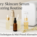 Luxury skincare serum bottles with jade roller and skincare fridge for layering routine featuring tools and mid-priced alternatives