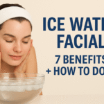 Woman doing an ice water facial by dipping her face in a bowl of ice water with text overlay showing skincare benefits and how-to guide